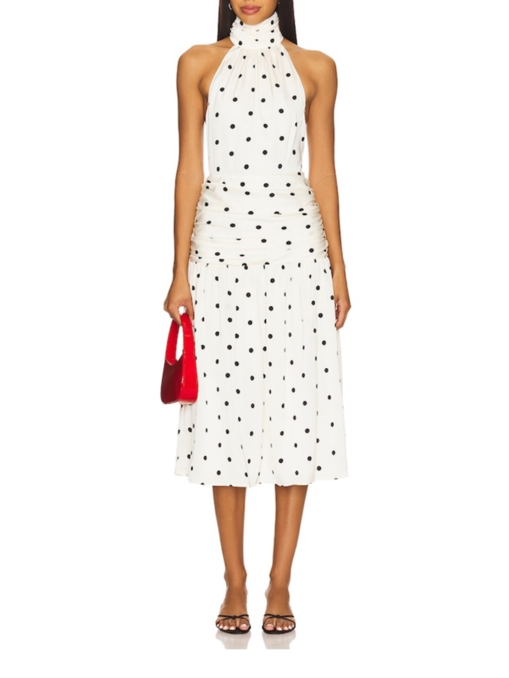 Carmina Halter Midi Dress in White & Black Dot